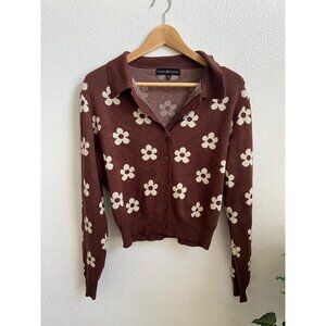NWOT womens brown stretchy floral sweater blouse button down size L